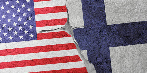 USA and Finland flags on a stone wall with a crack, illustration of the concept of a global crisis in political and economic relations