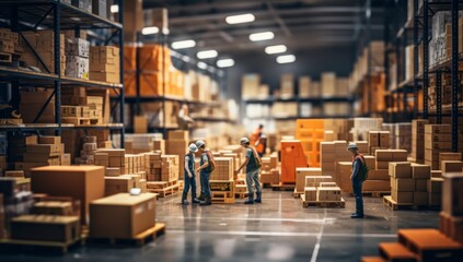 A Warehouse Filled With Boxes and Busy Workers - obrazy, fototapety, plakaty