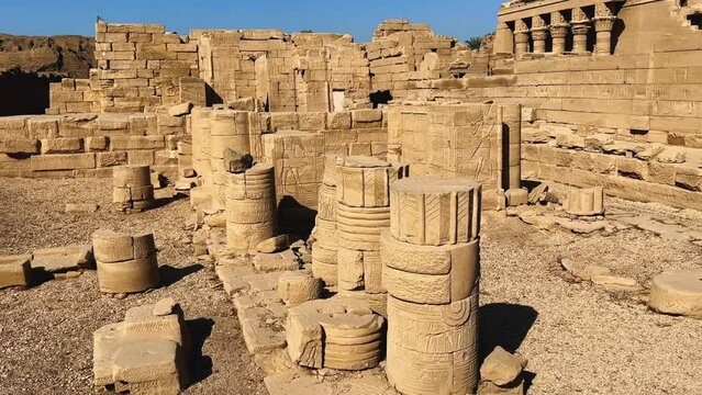The ruins of the Egyptian temple complex Dendera. Museum in Egypt. Hathor Temple. The Denderian zodiac. The complex is a mixture of ruined temples, chapels, pylons and other buildings. Egypt 2022. 4K
