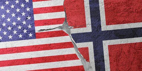 USA and Norway flags on a stone wall with a crack, illustration of the concept of a global crisis in political and economic relations