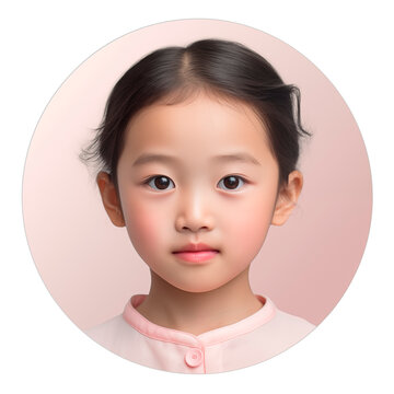Asian modern little girl. Portrait of a child in a pink circle for user pic and profile picture. Isolated on a transparent background.