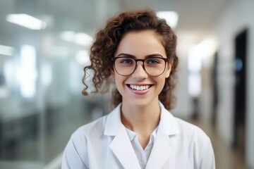 Fototapeta premium A young female university research scientist with a warm smile, wearing a lab coat and safety goggles, stands in a laboratory