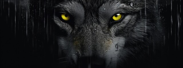 Closeup of a black wolf with yellow eyes on dark background. Wet canadian wolf in heavy rain....