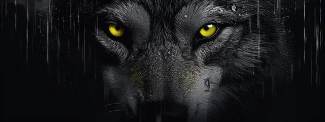 Fotobehang Closeup of a black wolf with yellow eyes on dark background. Wet canadian wolf in heavy rain. Banner with wild animal in nature habitat. Wildlife scene © ratatosk