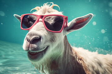 goat with retro sunglasses - obrazy, fototapety, plakaty