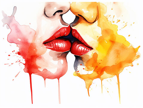 beijo lesbico arte aquarela colorida 