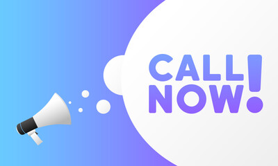 Call now sign. Flat, purple, text from a megaphone, call now sign. Vector icon