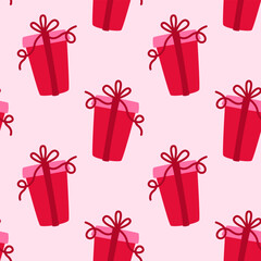 Pink gift boxes seamless pattern for paper, fabric, decoration. Christmas, New Year, Birthday, Valentine's Day, holiday pattern.