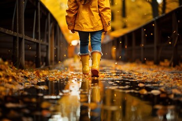 photo of boy walking in puddles wearing raincoat and yellow wellies. reflections in the rain. boy splashing. generated with ia - obrazy, fototapety, plakaty