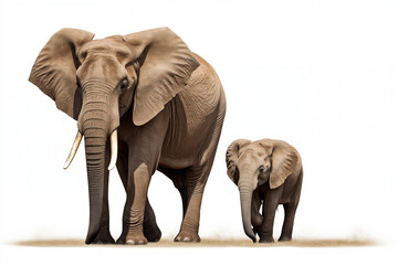 African elephant and calf Loxodonta africana cut out and isolated on a white background - obrazy, fototapety, plakaty
