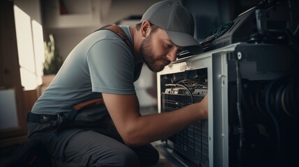 Professional HVAC worker installing or repairing air conditioner or heat pump indoors in summer - obrazy, fototapety, plakaty