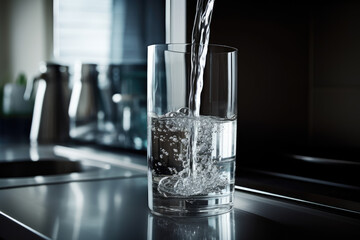 Filling up a glass with drinking water from kitchen tap - obrazy, fototapety, plakaty
