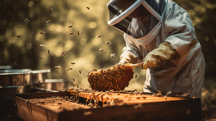 beekeeper collecting honey from hive.Generative AI - obrazy, fototapety, plakaty