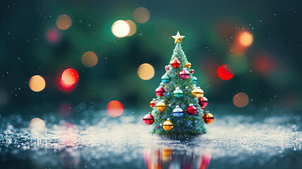 Tiny Christmas Tree toy on the table. Symbol of winter holidays with bokeh lights.