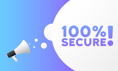 100% secure sign. Flat, purple, megaphone text, 100% secure icon. Vector icon