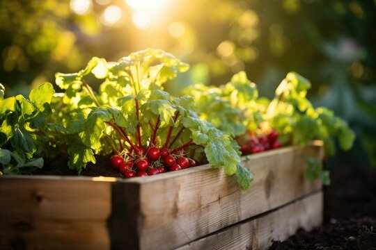 Vibrant sunrise illuminates a lush garden bed filled with fresh lettuce, tomatoes, and carrots. The hyper-realistic image exudes tranquility and showcases nature's bounty in a serene garden setting