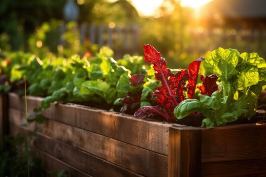 Vibrant vegetables neatly arranged in a garden bed at sunrise. Deep green, red, and orange colors glisten with dewdrops under warm sunlight. A serene and hyper-realistic image