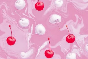 Abstract fruit concept. Dessert cherries and creamy white cherries float on pink sparkling water. Pink fruit cream. The idea of a sweet delicacy. White creamy cherries. Fruit yogurt. Flat lay idea.
