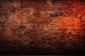 Weathered red brick wall with faded paint, cracks, and worn-out texture. Detailed and hyper-realistic, it exudes an old, decayed atmosphere. The sharp-focus lighting adds a noir background