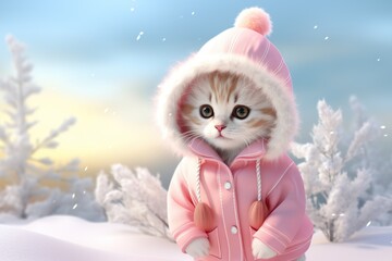 Adorable kawaii baby cat in pink warm jacket sitting in snow. Cartoon illustration of winter snowy landscape with cute little ginger kitten. Christmas and New year background with funny pet