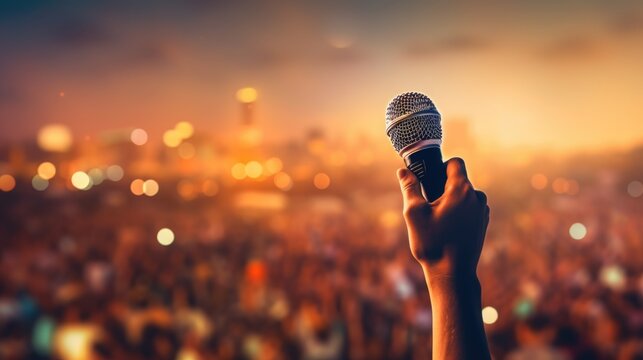 Unrecognizable singer male standing on stage in concert with crowd of people, live music with audience hold smartphone taking picture, musician man on tour with spot light in city night background