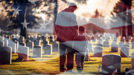 Federal holiday Memorial Day in United States background with transparent national flag. Black man with his child visiting cemetery. 