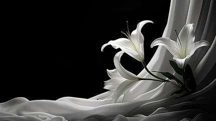 Sleek black silk with elegant white lilies. 