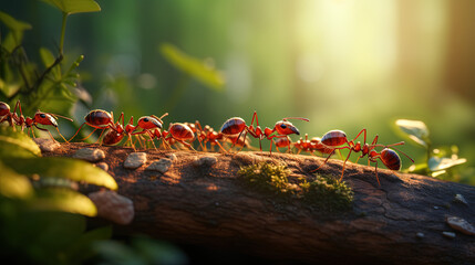 A long line of worker ants marching in search of food. - obrazy, fototapety, plakaty