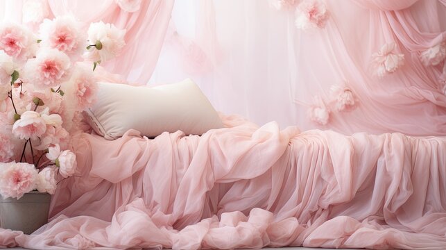 Silky pastel pink fabric gently ruffled and adorned with peonies and cherry blossoms. 