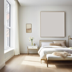 Fototapeta na wymiar Upscale bedroom interior with empty canvas frame
