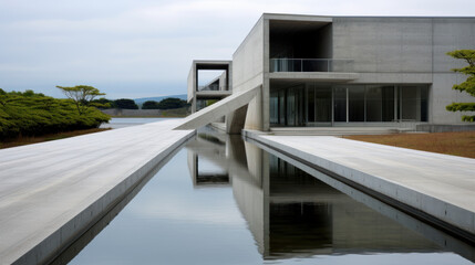 Fototapeta premium bâtiment moderne d'architecte contemporain avec de larges baies vitrées, structure à base de béton brut et de ligne pure 