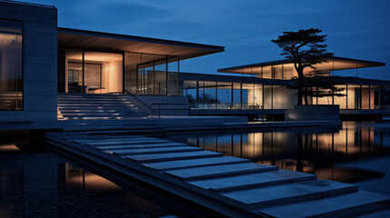 Fototapeta premium bâtiment moderne d'architecte contemporain avec de larges baies vitrées, structure à base de béton brut et de ligne pure, photo à l'heure bleu