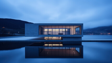 bâtiment moderne d'architecte contemporain avec de larges baies vitrées, structure à base de béton brut et de ligne pure, photo à l'heure bleu
