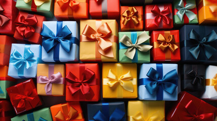 Colorful gift boxes as background, top view, close-up.