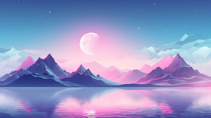Fototapeta na wymiar Pink landscape with moon over polygonal mountains. Calm surreal backround.