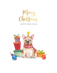 Merry Christmas and Happy New Year illustration with christmas dog and presents on the white background. Watercolor illustration of dog. 