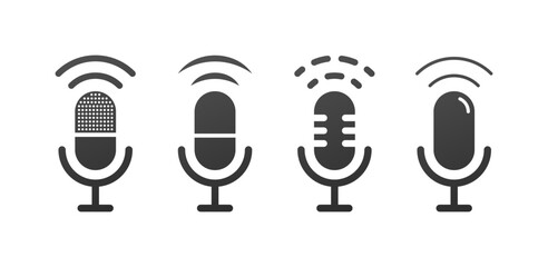 Microphone icons. Silhouette, black, microphones with sound icons. Vector icons