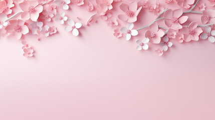 Obraz premium Paper flowers on pink background. Flat lay, top view, copy space.