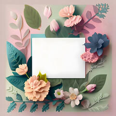 Creative layout made of flowers and leaves. Flat lay. Colorful spring flower background with paper card note.	