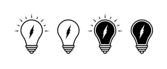 Icons of light bulbs with lightning. Silhouette, black, lightning inside light bulb icon. Vector icons