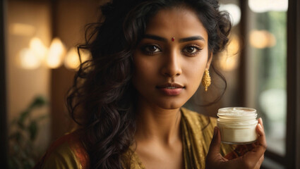 Fototapeta na wymiar portrait of a beautiful young indian woman holding a skin cream