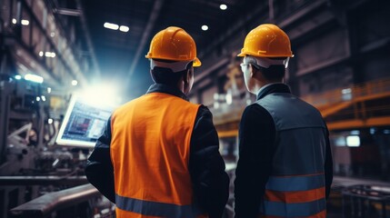 Engineers and factory managers wearing safety helmet inspect the machines in the production. inspector opened the machine to test the system to meet the standard. machine, maintenance