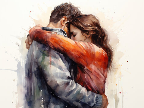 abraço forte de casal se reencontrando, arte aquarela em fundo branco 