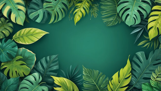 Tropical leaves background of dark green tropical leaves, banner with green floral pattern 