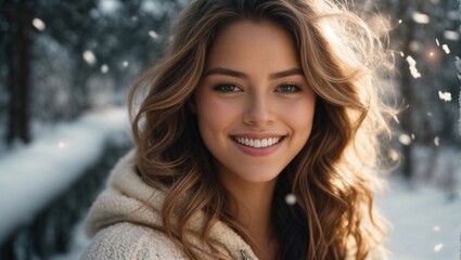 Obraz premium Happy pretty young european woman outdoor at winter city background