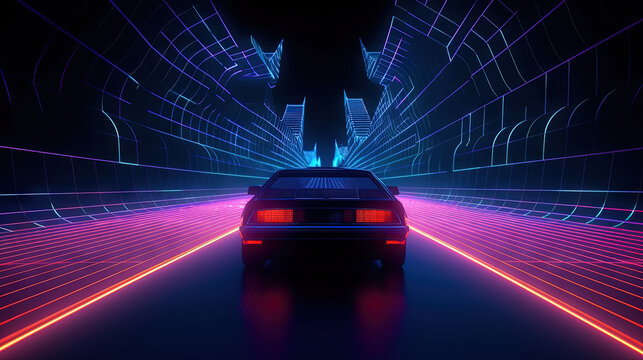 Car ride on the neon road in 80s retro synthwave style.