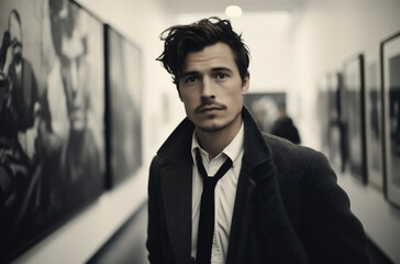 Fototapeta premium Handsome young man in coat looking at exposition in art gallery