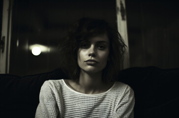 Portrait of young woman sitting on sofa in dark room at night