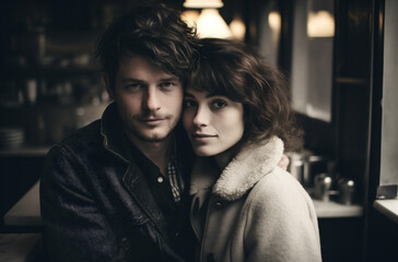 Portrait of a young couple in a cafe. Retro style.