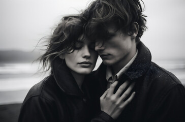 Portrait of a young couple in love outdoor. Black and white photo.